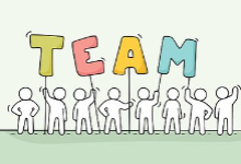 Sketch of people holding letters that spell TEAM