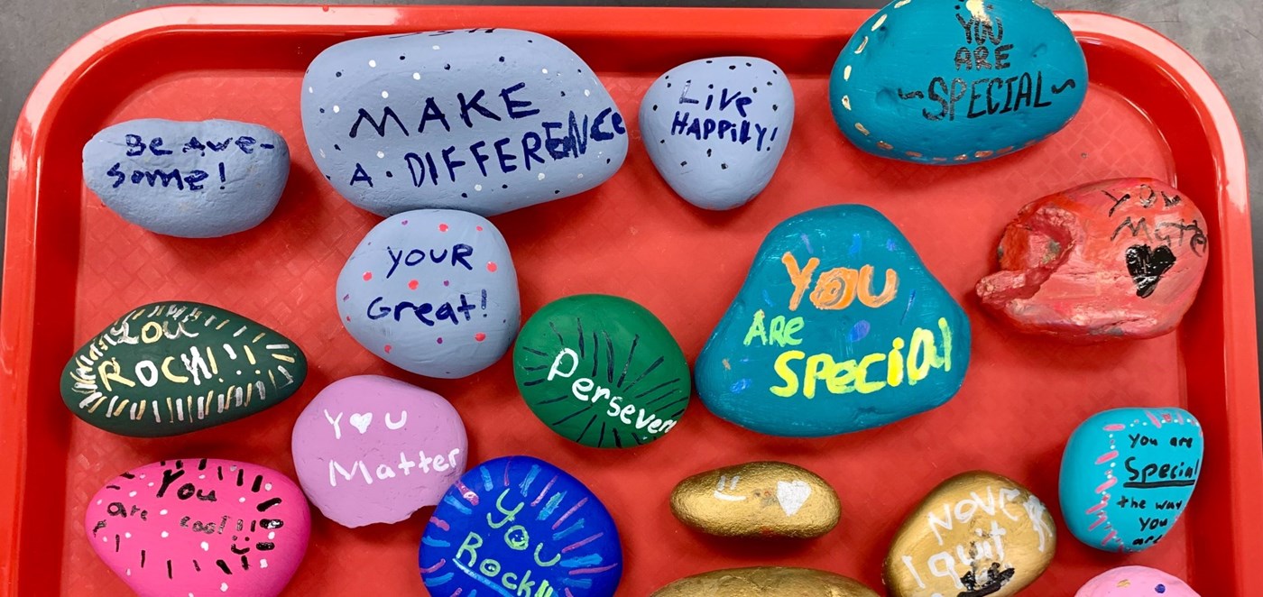 Tray of painted Kindness Rocks