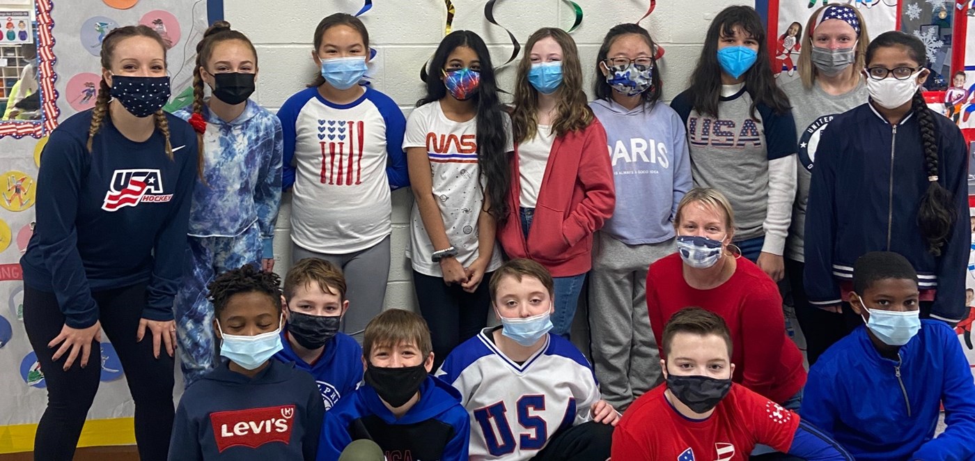 Ms. Berners 5th Grade Class dressed in red, white & blue for the Olympics