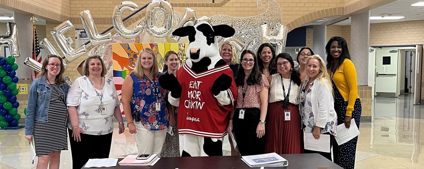 Hartford Staff and the Chick-fil-A Cow on first day of school