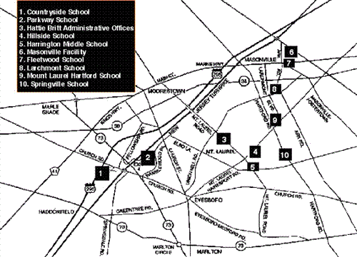 Map of Mount Laurel Township and indicates where all eight schools are located.