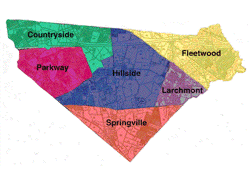 Boundaries map of: Countryside, Parkway, Hillside, Larchmont, Fleetwood, Springville